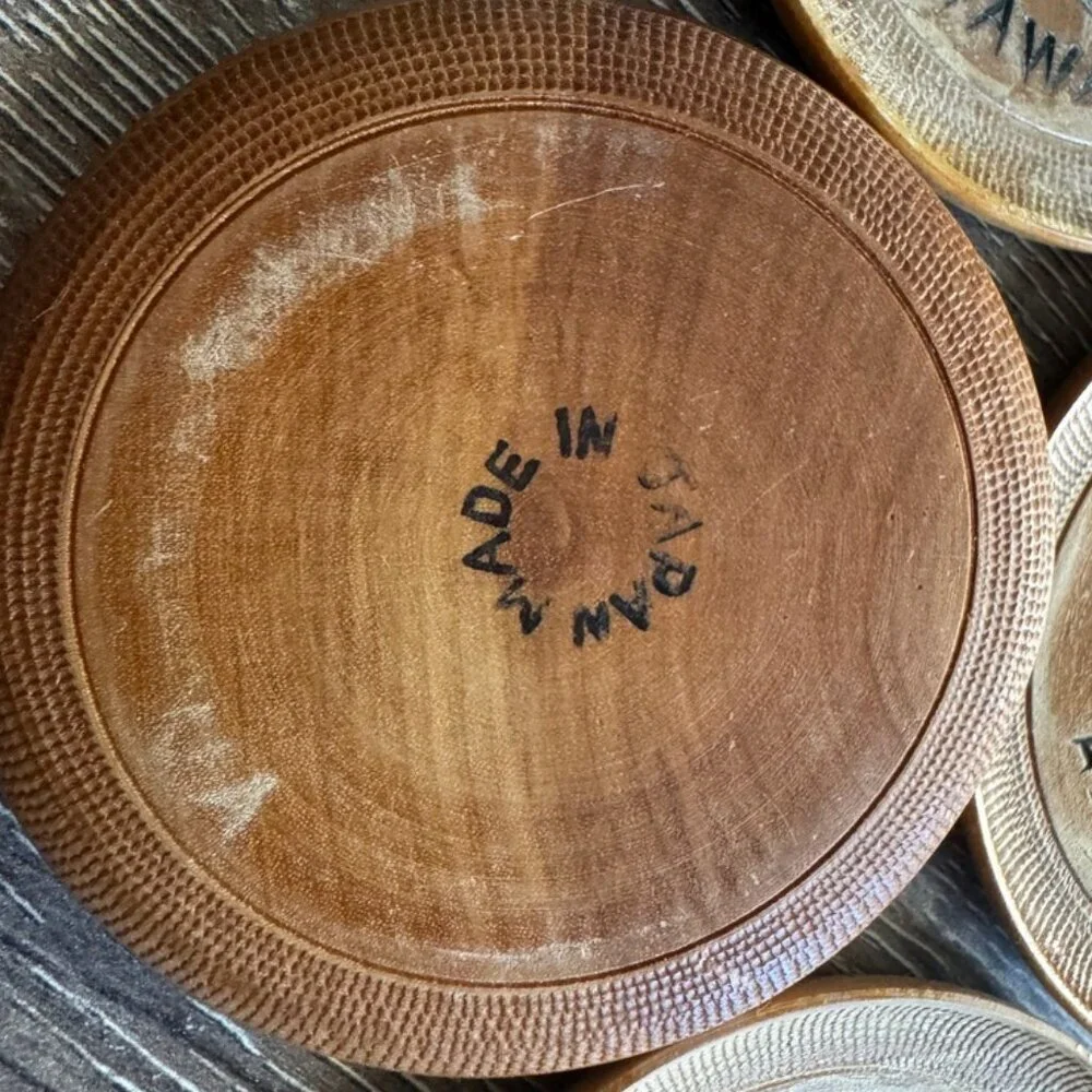 Set of 8 Vintage Wooden Carved Coasters with Container Holder.